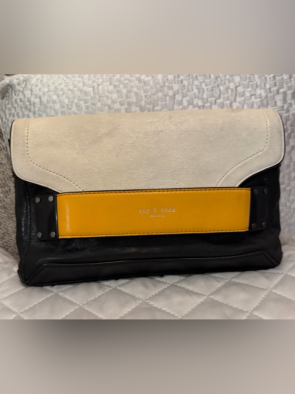 rag & bone Tricolor Fold-Over Leather Clutch - White, Black & Yellow